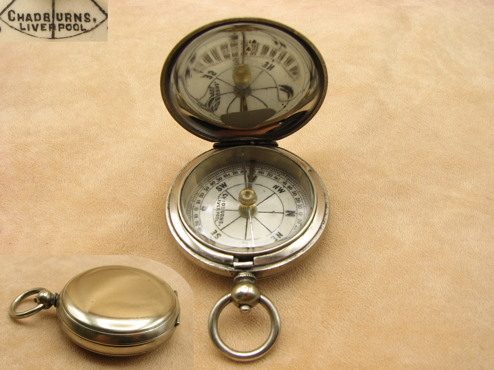Antique hunter cased pocket compass signed 'Chadburns Liverpool'